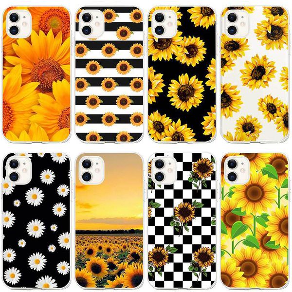 Custodie morbide in TPU girasole per Iphone 15 14 Pro Max 13 12 11 XR XS X 8 7 Plus 6 6S Moda Sun Flower Stampa floreale Elegante Nero Giallo Trasparente Smart Phone Cover posteriore Coque