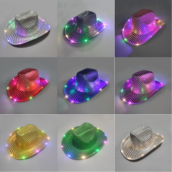 Chapéus de cowboy luminosos de Halloween LED piscando com lantejoulas para festa de Natal Ano Novo bonés fantasia de cosplay