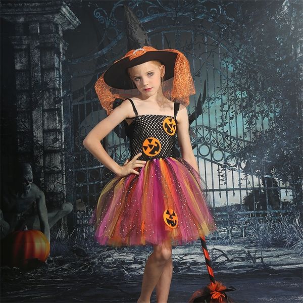 Occasioni speciali Vestito da tutu per ragazze di Halloween Tutu arcobaleno per bambini Costume da festa di carnevale Abiti in tulle con cappello Scopa Zucca Mostro Cosplay 220908