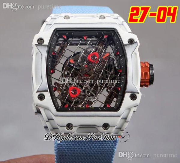 27-04 Tourbillon Rafael Nadal A21J Mens Automático Relógio 2022 Caso de fibra de carbono branco Tennis Racket Skeletton Dial Dial