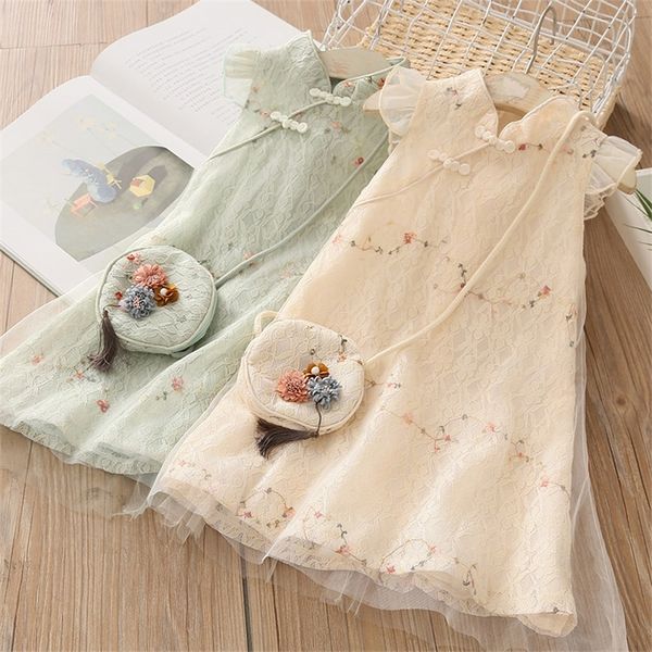 Mädchenkleider Sommer 3 4 5 6 7 8 9 10 11 12 Jahre Chinesischer Han-Stil Hanfu Fliegenärmel Spitze Cheongsam Kleider mit Tasche für Kinder Baby Mädchen 220908