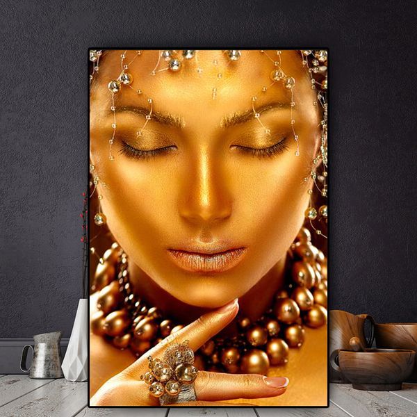 Pittura su tela Moderna Oro Donna nera con ornamenti dorati Poster e stampe Immagine di arte della parete per soggiorno Cuadros NO FRAME