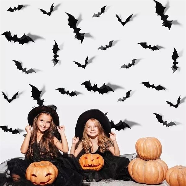 Decorazioni per feste 122448 pezzi PVC 4D Adesivi murali pipistrelli di Halloween Decorazioni di Halloween Realistici pipistrelli neri Puntelli spaventosi Decalcomanie da muro per la casa fai da te 220908