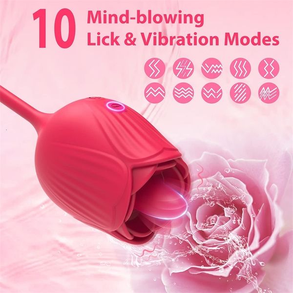 Sex-Massagegerät Neue Produkte Rose Dildo Schubvibrator Weibliche Klitoris Stimulator Zunge Lecken Liebe Ei Stretch Sexy Spielzeug