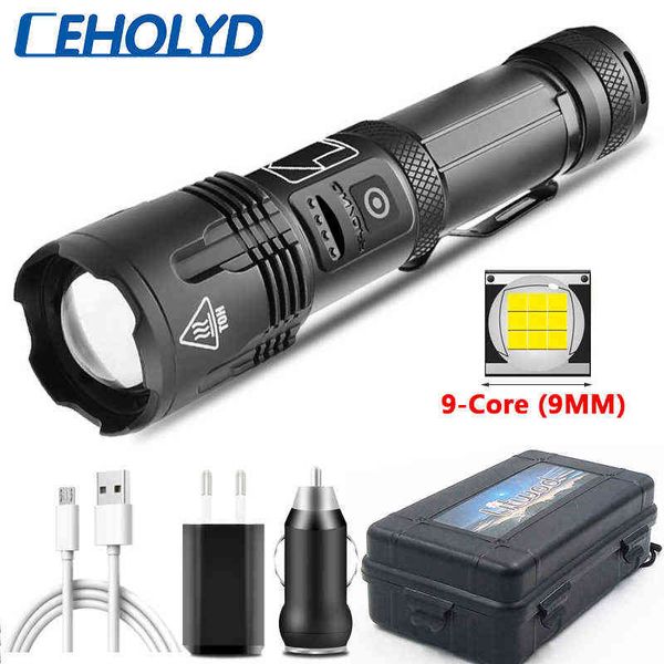 Flashlight LED a 9 core XHP100 Super Bright USB ricaricabile USB 18650 o 26650 Funzione di alimentazione zoominabile Torcia Lanterna J220713