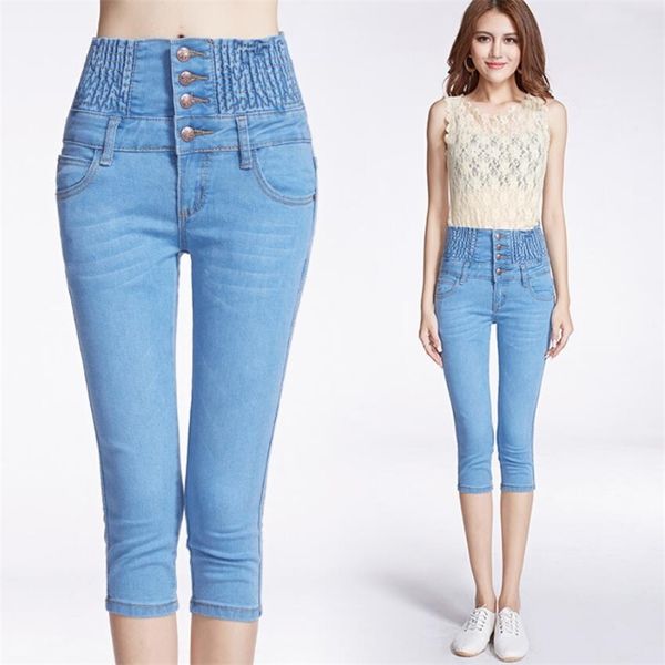 Damenjeans Frauen Sommer Knielange Hosen Hohe Taille Knopfjeans Weibliche Enge Elastizität Kleine Hosen Koreanische Version Manschetten War Dünne Jeans 220908