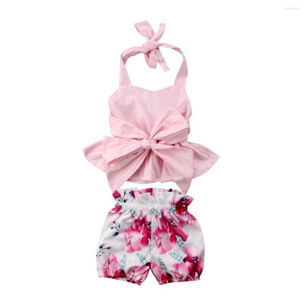 Giyim setleri tatlı güzel yaz bebek bebek kızlar 2pcs çiçek baskı pembe kolsuz kemer bowknot fırfırlar yelek üst kısımlar şort