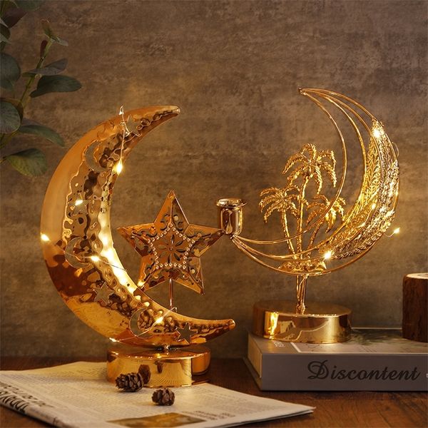 Partydekoration Glänzendes Metall Gold Mondform Lichter Hohlmuster Ramadan Dekorationen Lampe mit Tablett Muslimische Festival Ornamente Kerzenständer Eid 220908