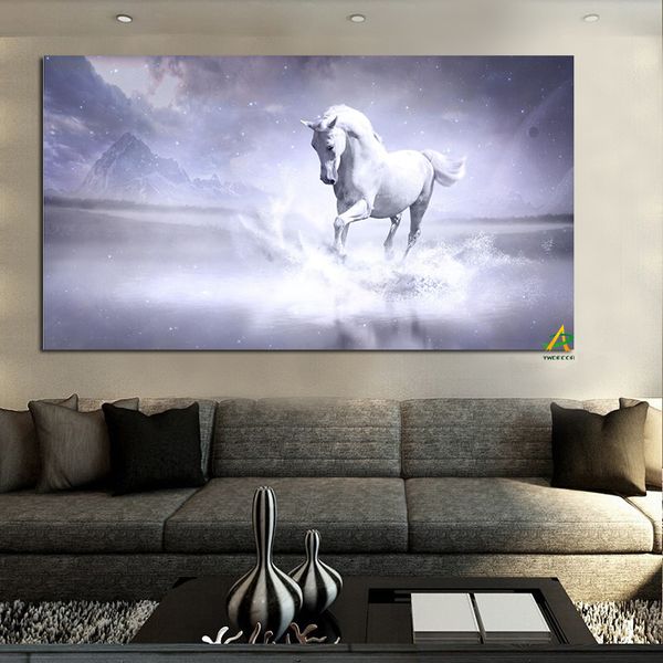 Canvas pintando cavalo branco continua correndo no rio Modern Digital Prints On Canvas Wall Art Picture Sala Decoração de casa