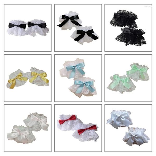 Maschere da festa Gothic Lolita Polsini da polso Sweet Satin Bow Ruffles Pizzo floreale Tulle Bracciale Polsini Cameriera giapponese Cosplay Manica a mano