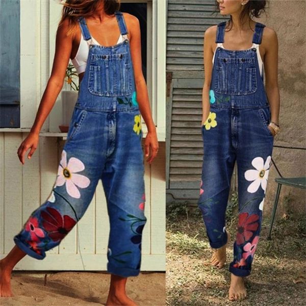 Damen Jeans Blumendruck Lose Danim Overalls für Frauen Sommer Blau Denim Overalls Overall Strampler Femme Neunte Hosen Weibliche Hosen 220908