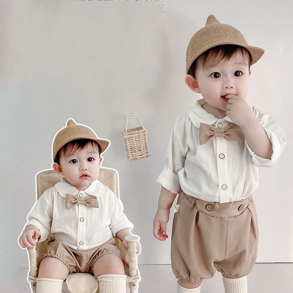 Giyim Setleri Yakışıklı Erkekler Yaz Tam Kollu Çat Tie Üstleri Gömlek Katı Kısa Pantolon Toddler Çocuklar Bebek Giysileri Set Resmi Takımlar 2 PCS 20220908 E3