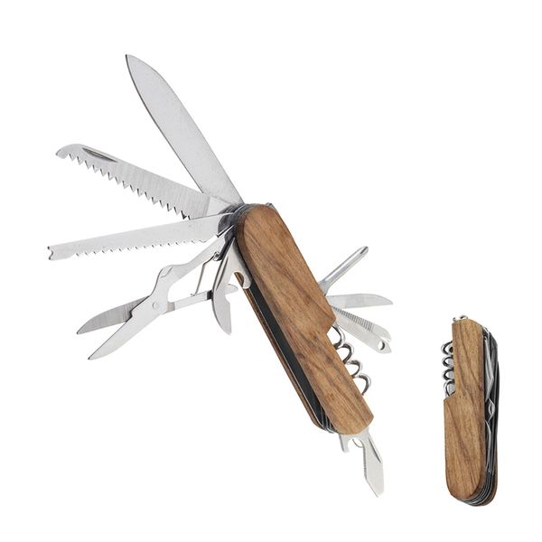 Coltello pieghevole portatile Apribottiglie multifunzionale per birra Cacciavite Phillips in acciaio inossidabile Forbici Manico in legno Attrezzo esterno