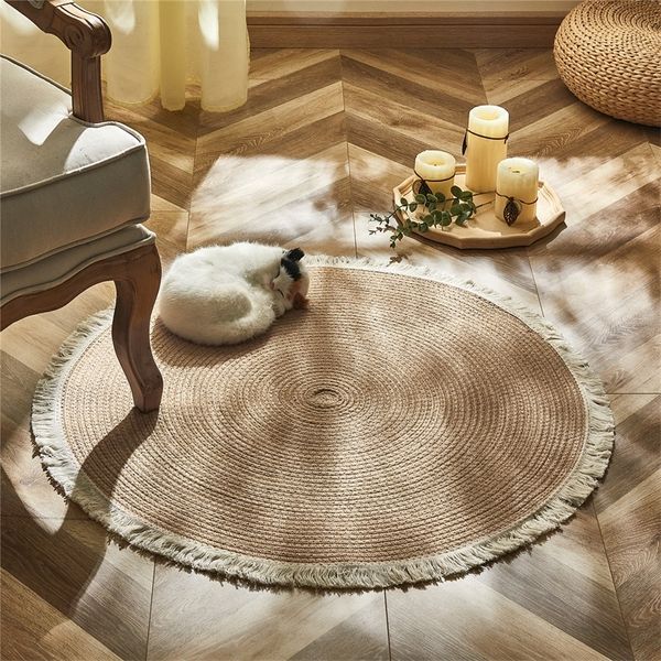 Bettwäsche Sets rund gewebte Teppiche handgefertigter Rattan Teppich mit Quasten für Schlafzimmer Wohnzimmer Vintage Home Decor Floor Matten Chic Room Türmatte 220908