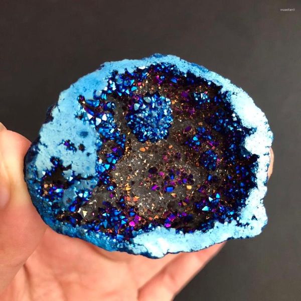 Estatuetas decorativas 1 pçs Anjo Azul Aura Cristal de Quartzo Geode Titânio Bismuto Cluster de Silício Arco-íris Reiki Cura