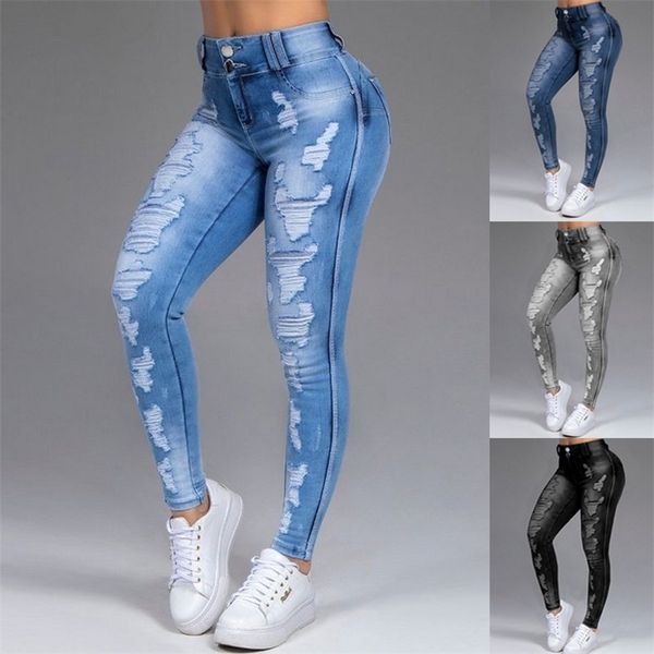 Jeans feminino jeans rasgou cal￧a alta cal￧a de cintura alta