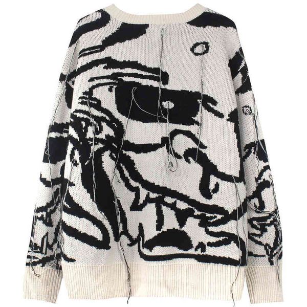 Camisolas masculinas Sweater de malha de impressão de grande tamanho Harajuku tópico Tassel Graffiti rasgou a malhas de malha de malha de suéter de rua T220906