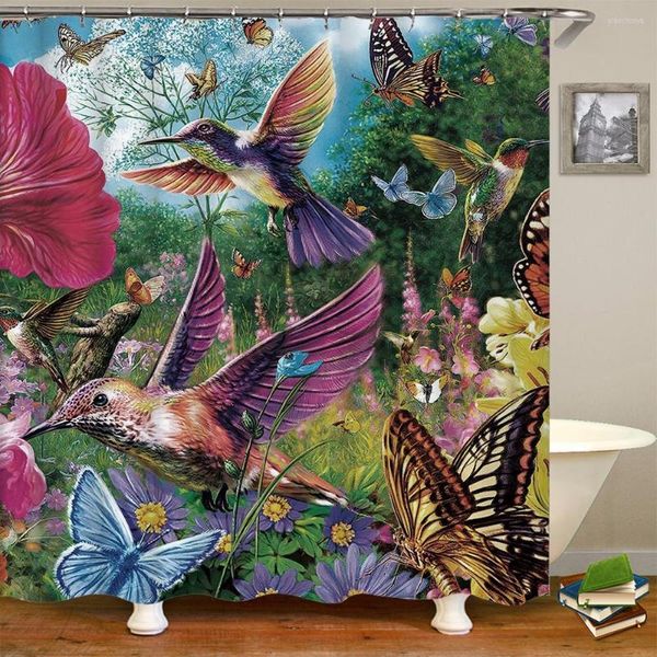 Cortinas de chuveiro Flores Birds Butterfly Cortina 3D Tela de banho impermeável Decoração de banheiro planta tropical com gancho