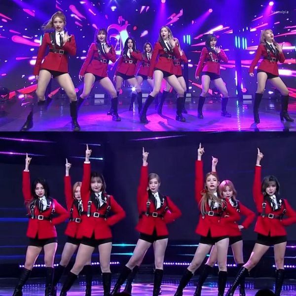 Женские спортивные костюмы Kpop Girl Group сексуальная наряда джазовая танцевальная одежда Женская танцовщица чирлидер Red Blazers хип -хоп тонкие черные шорты сцены костюм