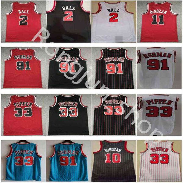 Maglia da basket da uomo 2 Lonzo Ball 11 Demar DeRozan 23 Dennis 91 Rodman Scottie 33 Pippen Rosso Bianco Nero Blu Stripe