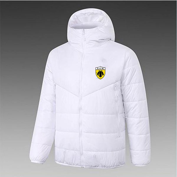 AEK Athens Herren Daunenjacke mit Kapuze, Winter-Freizeit-Sportmantel, durchgehender Reißverschluss, Sport-Outdoor-warmes Sweatshirt, Logo individuell