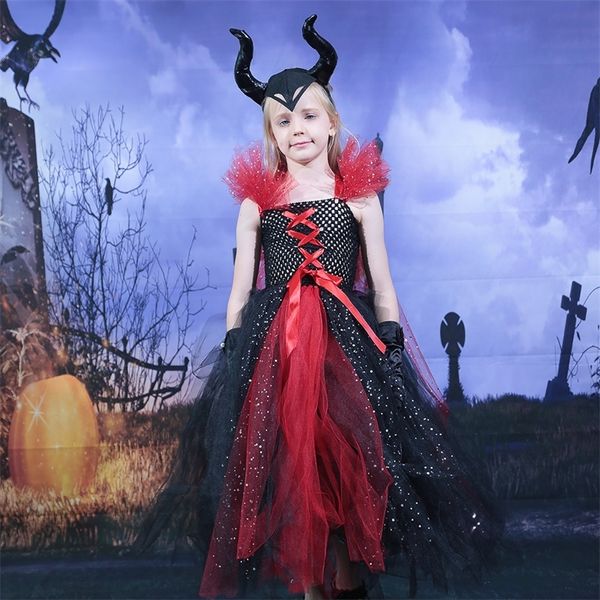 Besondere Anlässe Funkelndes Maleficent-Halloween-Kostüm, Tutu-Kleid, Deluxe-Mädchen-Kostüm, Kleid für Kinder, böse Königin, Cosplay, Hexenkleidung, lange Kleider, 220908