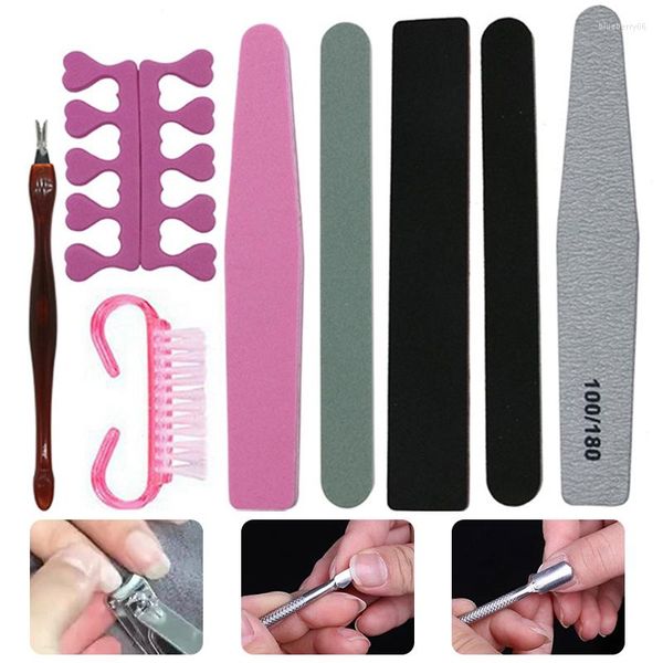 Kit per nail art Set per manicure Spingi cuticole Tagliaunghie Buffer per file Strumento di levigatura Pennello per pulizia Forbici per rimozione pelle morta Forcella