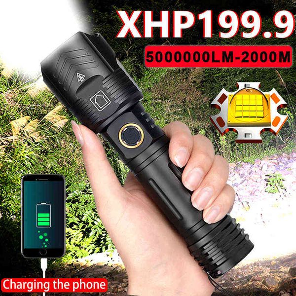 500000 Lumens Мощный светодиодный фонарик 5200 мАч USB Rechargable Portable Zoom Torch XHP199.9 Тактическая флэш -лампа Длинный выстрел 2000м J220713