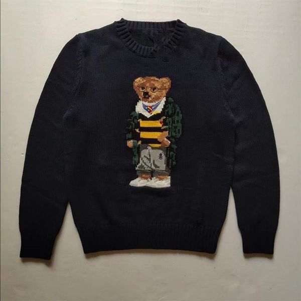 Мужской повседневный длинный свитер из хлопка с вышивкой медведя и круглым вырезом, стиль RL, осень и зима, новинка 2022266B