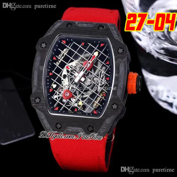 27-04 Tourbillon Rafael Nadal A21J automatico orologio da uomo 2022 cassa in fibra di carbonio nero racchetta da tennis quadrante scheletrato corona rossa cinturino in nylon 8 stile Puretime D4