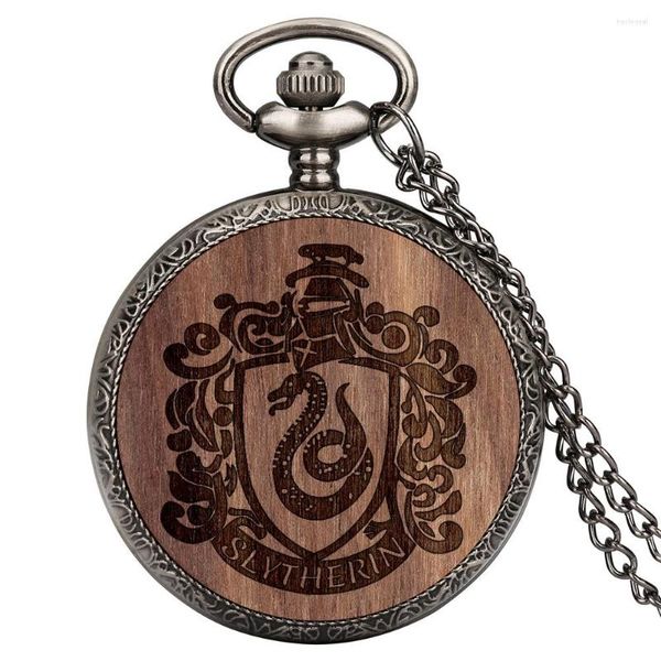 Orologi da tasca Orologio classico da donna al quarzo con catena sottile, grande truciolo di legno, serpente, noce, quadrante con numeri arabi, ciondolo squisito souvenir