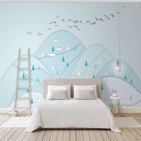 Papéis de parede Decorativo papel de parede nórdico simples estilo individual paisagem pássaros geometria parede de fundo azul claro