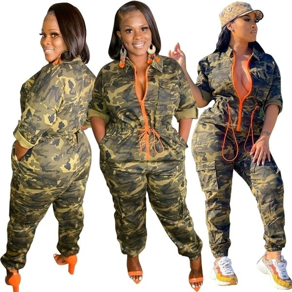 Plus Größe S-3xl 4xl 5xl Frauen Camouflage Overalls Frühling Herbst Zipper Strampler Strickjacke Body Taille Schließen Einteilige Trainingsanzüge