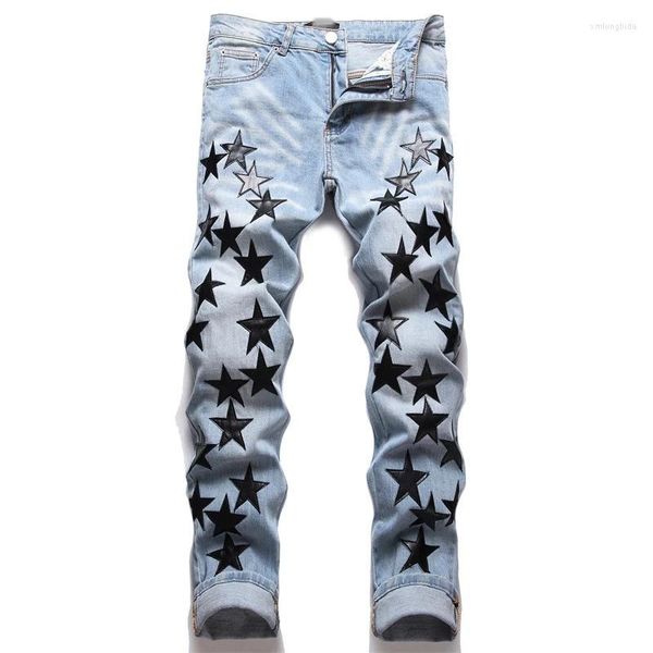 Calça jeans masculina américa azul laranja estrela couro retalhos buraco reparação streetwear jean homme rasgado calça de motocicleta