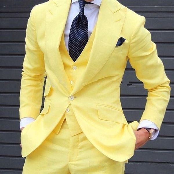 Erkekler Suits Blazers sarı 3 adet Erkekler takım elbise son ceket pantolon tasarımları moda düğün damatlar parti blazer setleri özel yapılmış ceket pantolon 220909