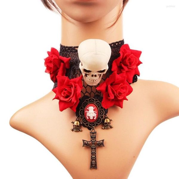 Choker Bold Design Red Fabric Roses и черепа подвесной кружевной воротник Хэллоуин Косплей Ювелирные изделия