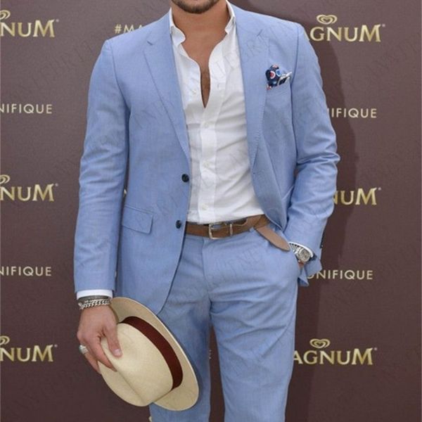 Ternos masculinos Blazers Summer Blue Beach Weddin Linen Suit for Men 2 Pe￧as PROFESSￃO BLAZER CASUAL MAS MASCO