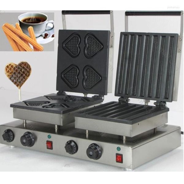 Fabricantes de pão Cabeças duplas Waffle Machine corações de churros estilo churros fabricante de aço inoxidável elétrico Mais opções de combinação