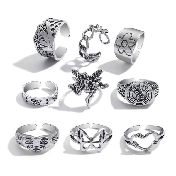 Полосовые кольца 9pcs винтажные Sier Rings Установлены для женщин -бабочка Сердце Стуковая Змея Укладка Кольцо Регулируемая капля доставка 2021 Ювелирные изделия Лулубаби Дхонс