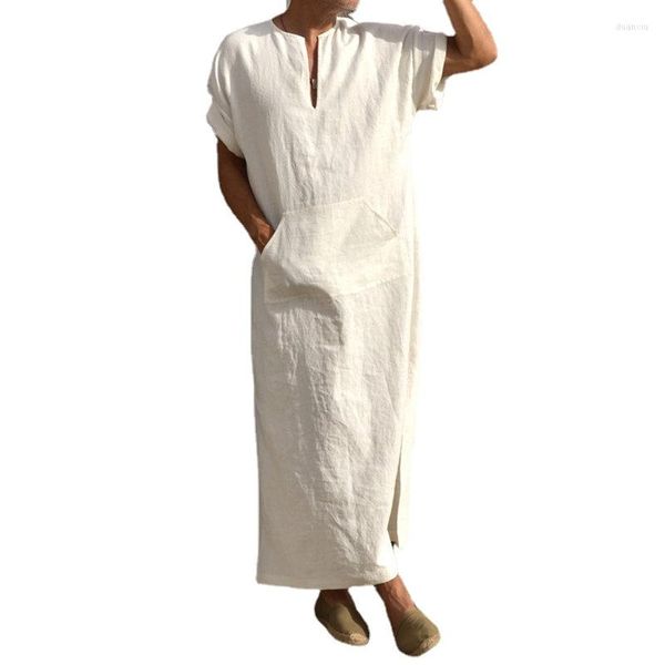 Мужские рубашки для хлопкости мужская v-образное белье для белья для халата с коротким рукавом Kaftan Thobe Long Hown Casual рубашка для пляжного летняя исламская одежда мужчина