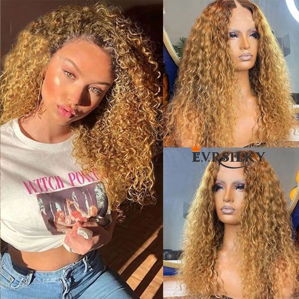 Ombre Honigblonde Afro-Perücke mit verworrenen Locken, V-Teil-Perücken, 100 % Echthaar-Perücke, unverarbeitete, federnde Locken, U-Form, vollständig maschinell hergestellt, keine Spitze