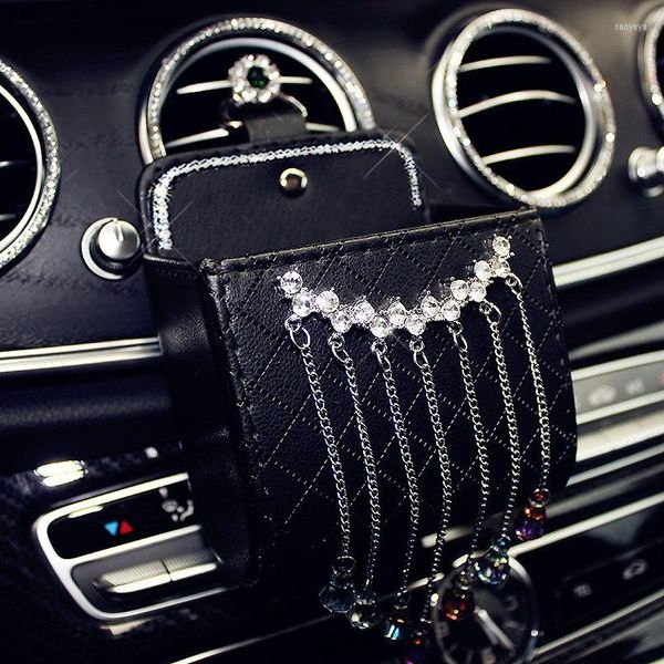 Organizer per auto Scatola portaoggetti in pelle Diamante di cristallo Uscita automatica Presa d'aria Guanto Appeso Borsa per cellulare