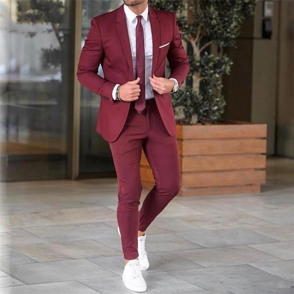 Herrenanzüge Blazer 2 Stück Burgund Herren Bräutigam Smoking Hochzeitsanzüge für Männer Britischer Stil Maßgeschneiderte Kostüm Hommes Blazer Jacke Hosen 220909