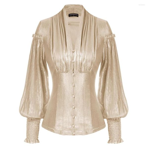 Camicette da donna SD Camicia da donna rinascimentale lucida metallizzata Manica lunga a lanterna Top abbottonato Camicetta vittoriana Steampunk con scollo a V solido