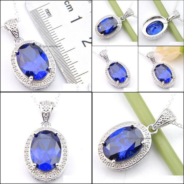 Anhänger Halskette neuer Vintage Oval Swiss Blue Topaz Edelstein Pendelland Halskette 925 Sier Schmuck für Frauen Thanksgiving Geschenk Cz Zirkon 1Inc Dhe6s