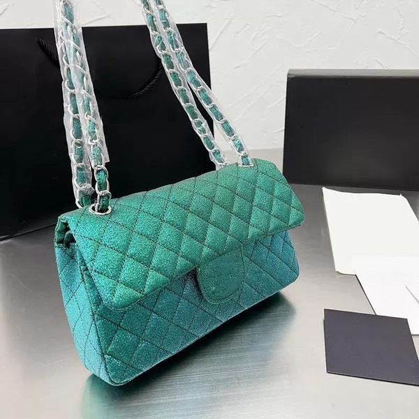 Bolsas clássicas com aba dupla brilhante acolchoadas retangulares ouro roxo verde branco prata ferragens de metal matelassê corrente crossbody ombro bolsas de grife de luxo 25 cm