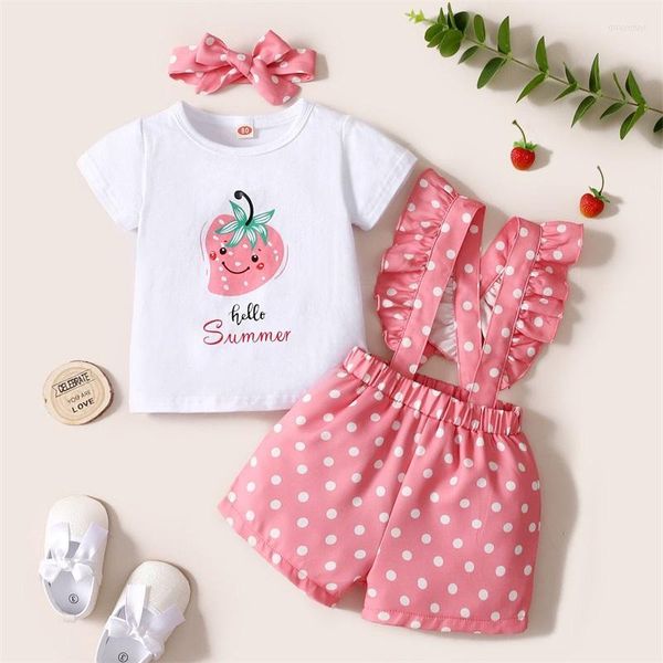 Kleidungssets 2022 Geborenes Mädchen Kurze Hosen Outfits Erdbeerdruck T-Shirt Hosenträger Dot Bow-Knot Stirnband Kinderset