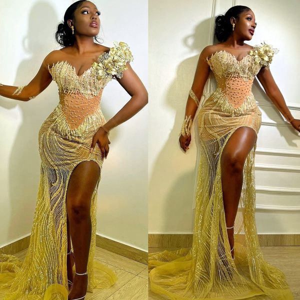 2022 Arabo Aso Ebi Gold Mermaid Prom Dresses Pizzo con paillettes Sera sexy Festa formale Secondo ricevimento Compleanno Abiti di fidanzamento Abito ZJ104