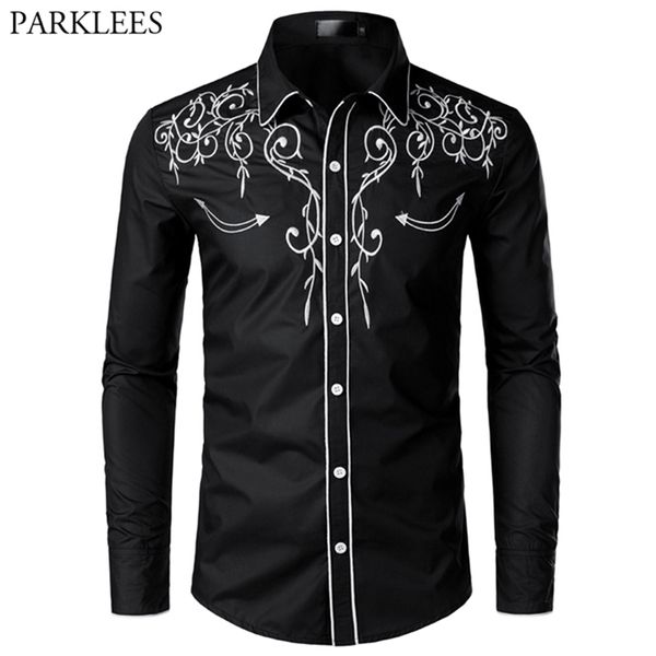 Camisas casuais masculinas camisa de cowboy ocidental elegante masculino design bordado slim fit casual manga longa camisa de festa de casamento masculino para masculino 220908