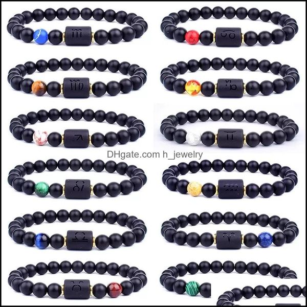 Frisado Strands 12 Constellation Bracelets Men Black Stone Bead Strands Bracelet Signo do Zodíaco Horóscopo Amante Casal Amizade J Dhrey